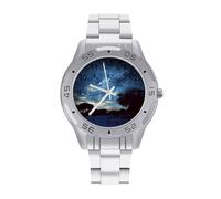 BVKWNTSA Sl usiness Steel Band Night Sky with Trees Printed Watch for Men - Elegant Quartz Analog Wristwatch, Lightweight & Comfortable