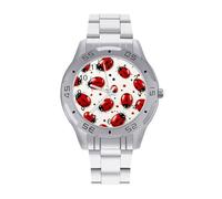 BVKWNTSA Sl usiness Steel Band Red Ladybug Printed Watch for Men - Elegant Quartz Analog Wristwatch, Lightweight & Comfortable