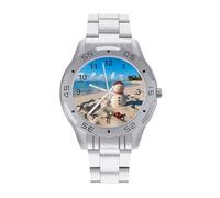 BVKWNTSA Sl usiness Steel Band Sand Snowman on Beach Printed Watch for Men - Elegant Quartz Analog Wristwatch, Lightweight & Comfortable