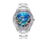 BVKWNTSA Sl usiness Steel Band Seabed Coral Fish Dolphins Printed Watch for Men - Elegant Quartz Analog Wristwatch, Lightweight & Comfortable