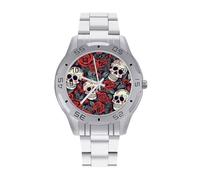 BVKWNTSA Sl usiness Steel Band Sugar Skulls and Red Roses Printed Watch for Men - Elegant Quartz Analog Wristwatch, Lightweight & Comfortable
