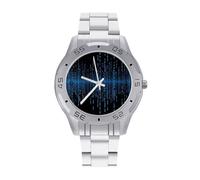 BVKWNTSA Sl usiness Steel Band The Blue Binary Matrix Printed Watch for Men - Elegant Quartz Analog Wristwatch, Lightweight & Comfortable