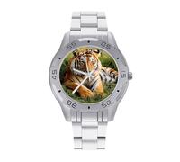 BVKWNTSA Sleek Business Steel Band Tiger Laying on The Grass Printed Watch for Men - Elegant Quartz Analog Wristwatch, Lightweight & Comfortable