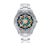 BVKWNTSA Sleek Business Steel Band Vintage Mandala Flowers Printed Watch for Men - Elegant Quartz Analog Wristwatch, Lightweight & Comfortable