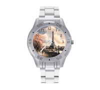 BVKWNTSA Sl usiness Steel Band Vintage Style Eiffel Tower Paris Printed Watch for Men - Elegant Quartz Analog Wristwatch, Lightweight & Comfortable