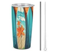 BVKWNTSA Stainless Steel Tumbler Surfboard on Wooden Printed Insulated Travel Tumbler with Lid and Straw, Reusable
