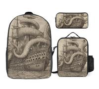 BVKWNTSA Teen Sailing Pirate Octopus2 Printed Schoolbag with Lunch Box And Pencil Case 3 in 1 Backpack