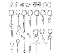 BVLAGIDA 21 PCS Earrings - Stainless Steel Stud, Huggie Hoop, Cross, Punk Dangle Earrings - Silver-tone