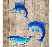 BVLFOOK beach coastal metal wall art decor dolphin tuna whale,hanging decorations for bathroom living room,ocean nautical tropical beach themed decor for home pool fence patio office 3 set 9inch blue