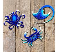 BVLFOOK Metal Wall Art Decor Octopus Crab Manta Ray Coastal Nautical Ocean Decor Concise 9'' Set of 3 Hanging Decorations for Bathroom Beach Indoor Outdoor Pool Home Bedroom Living Room Blue