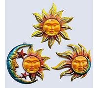 BVLFOOK Sun Face Metal Wall Art Decor Outdoor Indoor, Sun Moon Star, Metal & Glass Hanging Wall Patio Decorations for Outdoor Living Room Bedroom Garden Porch Fence Balcony, Set of 3, 9 inch Large.