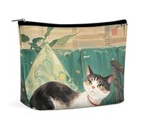 BVNMT Makeup Bag Portable Cosmetic Bag Large Capacity Travel Makeup Bag Storage Bag Multicolored Stripes Printed Toiletry Bag Suitable for Women And Girls, National Style Cat, One Size