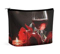 BVNMT Makeup Bag Portable Cosmetic Bag Large Capacity Travel Makeup Bag Storage Bag Pink Cherry Blossom Printed Toiletry Bag Suitable for Women And Girls, Red Rose Wine Glass and Candle, One Size