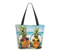 bvxcdd Beach Two Pineapples Sea Print Large Tote Bag, Reusable Aesthetic Tote Bag Shopping Bag Shoulder Handbags with Zipper and Inner Pocket for Women, Cute, Gym, Work, Travel