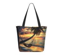 bvxcdd Coconut Beach Sunset Hammock Print Large Tote Bag, Reusable Aesthetic Tote Bag Shopping Bag Shoulder Handbags with Zipper and Inner Pocket for Women, Cute, Gym, Work, Travel