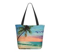 bvxcdd Coconut Palm Tree Sandy Beach 1 Print Large Tote Bag, Reusable Aesthetic Tote Bag Shopping Bag Shoulder Handbags with Zipper and Inner Pocket for Women, Cute, Gym, Work, Travel