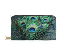 bvxcdd Green Peacock Feather Print Long Wallet - Stylish PU Leather Wallet with 12 Card Slots & Zip Coin Pocket for Daily Use, Travel & Gifting