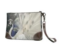 bvxcdd White Peacock Print Leather Clutch Bag, Genuine Leather Wristlet, Organizer Bag for Evening Events, Date Nights, Weddings & Gift-Giving