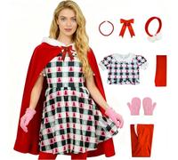 Bvxmsel Womens Cindy Lou Who Costume Adult 7 PCS Christmas Plaid Dress with Red Velvet Cape Santa Dress up L
