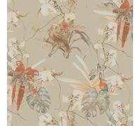 BW51027 - Blooming Wild Exotic Parrot Motif Orange Brown Beige Galerie Wallpaper