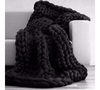 BWBG Chunky Knit Throw Blanket black, Handmade Chunky Knitted Blankets Stylish & Soft Machine Washable 6CM Wide Knitted Throw For Sofa Bed Soft Cozy Home Decor- 100x120cm
