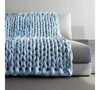 BWBG Chunky Knit Throw Blanket sky blue, Handmade Chunky Knitted Blankets Stylish & Soft Machine Washable 6CM Wide Knitted Throw For Sofa Bed Soft Cozy Home Decor- 100x100cm