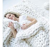 BWBG Chunky Knit Throw Blanket White, Handmade Chunky Knitted Blankets Stylish & Soft Machine Washable 6CM Wide Knitted Throw For Sofa Bed Soft Cozy Home Decor- 100x150cm