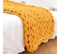 BWBG Chunky Knit Throw Blanket yellow, Knitted Weighted Blanket Adult 100% Hand Made Soft Cozy Chenille Casual Roving Warm Knitting Throw For Bedroom Decor Chair Sofa Pet Mat- 100x200cm