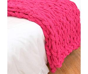 BWBG Handmade Chunky Knit Blanket Hot Pink, Knitted Blankets Chunky Soft Cozy Chenille Casual 6CM Wide Knitted Warm Knitting Throw For Bedroom Decor Chair Sofa Pet Mat-60x60cm