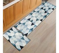 BWBIKE 2 Pieces Non Slip Kitchen Rug Sets,Washable Kitchen Floor Mat Absorbent Runner Carpet Home Standing Mat for Kitchen Office Desk Sink Laundry Room,43x75cm + 43x150cm,Grey Triangle