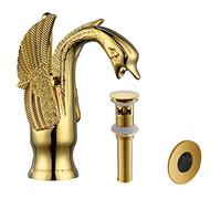 BWE Swan Faucet Gold Matching Pop Up Drain with Overflow Stopper Supply Line and Overflow Cover Single Handle Single Hole Bathroom Sink Faucet Lavatory Basin Vanity Mixer Tap
