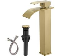 BWE Vessel Sink Faucet Brushed Gold Single Handle Single Hole Tall Bathroom Faucet with Waterfall Spout Sink Faucet Lavatory Vanity Deck Mount Mixer Tap