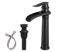 BWE Vessel Sink Faucet, Modern Waterfall Matte Black Bathroom Faucets, Single Handle 1 Hole Bathroom Sink Faucet with Pop Up Drain Assembly and Supply Hose Lead-Free