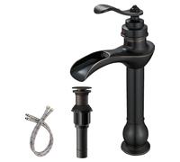 BWE Vessel Sink Faucet Oil Rubbed Bronze Waterfall Farmhouse Rustic with Pop Up Drain Assembly and Supply Hose Lead-Free Single-Handle Single Hole Bathroom Faucet Vanity Lavatory Mixer Tap Tall Body