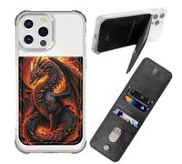 BWEGRHE Adhesive Phone Sleeve, Wallet Stick On Phone PU Leather Credit ID Card Holder RFID Blocking Universally Pocket Cover, Little Wallet Design for Most Smartphones, Fire Dragon