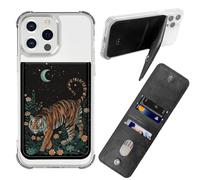 BWEGRHE Adhesive Phone Sleeve, Wallet Stick On Phone PU Leather Credit ID Card Holder RFID Blocking Universally Pocket Cover, Little Wallet Design for Most Smartphones, Tiger Moon