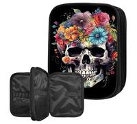 BWEGRHE Crochet Hook Case Organizer, Large Capacity Crochet Storage Bag with Zipper & Mesh Pocket for Crochet Hooks, Knitting Needles & Accessories, Sugar Skull Flowers Knitting Organizer for Travel