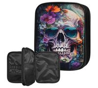 BWEGRHE Crochet Hook Case Organizer, Large Capacity Crochet Storage Bag with Zipper & Mesh Pocket for Crochet Hooks, Knitting Needles & Accessories, Glasses Sugar Skull Knitting Organizer for Travel