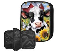 BWEGRHE Crochet Hook Case Organizer, Large Capacity Crochet Storage Bag with Zipper & Mesh Pocket for Crochet Hooks, Knitting Needles & Accessories, Farm Cow Sunflowers Knitting Organizer for Travel