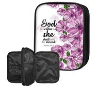 BWEGRHE Crochet Hook Case Organizer, Large Capacity Crochet Storage Bag with Zipper & Mesh Pocket for Crochet Hooks, Knitting Needles & Accessories, Bible Purple Flower Knitting Organizer for Travel