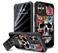 BWEGRHE Flowers Sugar Skull Design for iPhone 16 Plus Case with Slide Camera Cover, Dual Layer Shockproof TPU Bumper Men Women Case with Folding Kickstand (2 Stand Ways) for iPhone 16 Plus