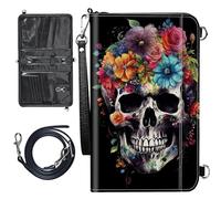 BWEGRHE Large Passport Wallet w/ 1 Removable Wristlet and 1 Crossbody Strap, Flowers Sugar Skull, Modern