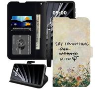 BWEGRHE Say Something Nice Flower Wallet Case for Hot Pepper Serrano 3 A95B A95C A95J, PU Leather with TPU Inner Phone Cover Flip Magnetic Buckle Kickstand Cover with Credit Card Slot Wrist Strap