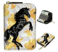 BWEGRHE Small Travel Wallets Slim Multi-slot Card Organizer Case Cute Credit Card Holder RFID-Blocking Card Case Small Wallet for Women Men, Black Horses Yellow Flowers, Portable, Classic