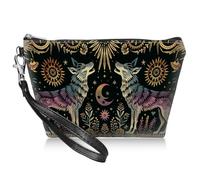 BWEGRHE Travel Makeup Bag with Detachable Wrist Strap, Wolf Moon Art, S