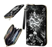 BWEGRHE Women's Clutch Purse with Wrist Strap, Slim PU Leather Cell Phone Zipper Wallet Credit Card Holder Bifold Wallet, Witchy Snake Mystic, Medium