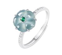 Bwesfy Blue Flowers Jade Ring for Women S925 Silver, Natural Carved Jadeite Stackable Eternity Band Ring Adjustable