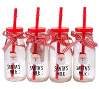 BWG Christmas Novelty Santa Milk Drinking Glass Bottles with Lid and Straw - Set of 4