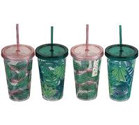 BWG Plastic Transparent Drinking Tumbler Cups Leaf Lid Spiral Straw - Set of 4