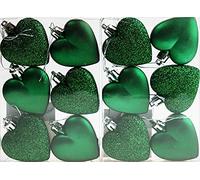 BWG Set Of 12 x Love Heart Christmas Tree Baubles - Deep Emerald Green